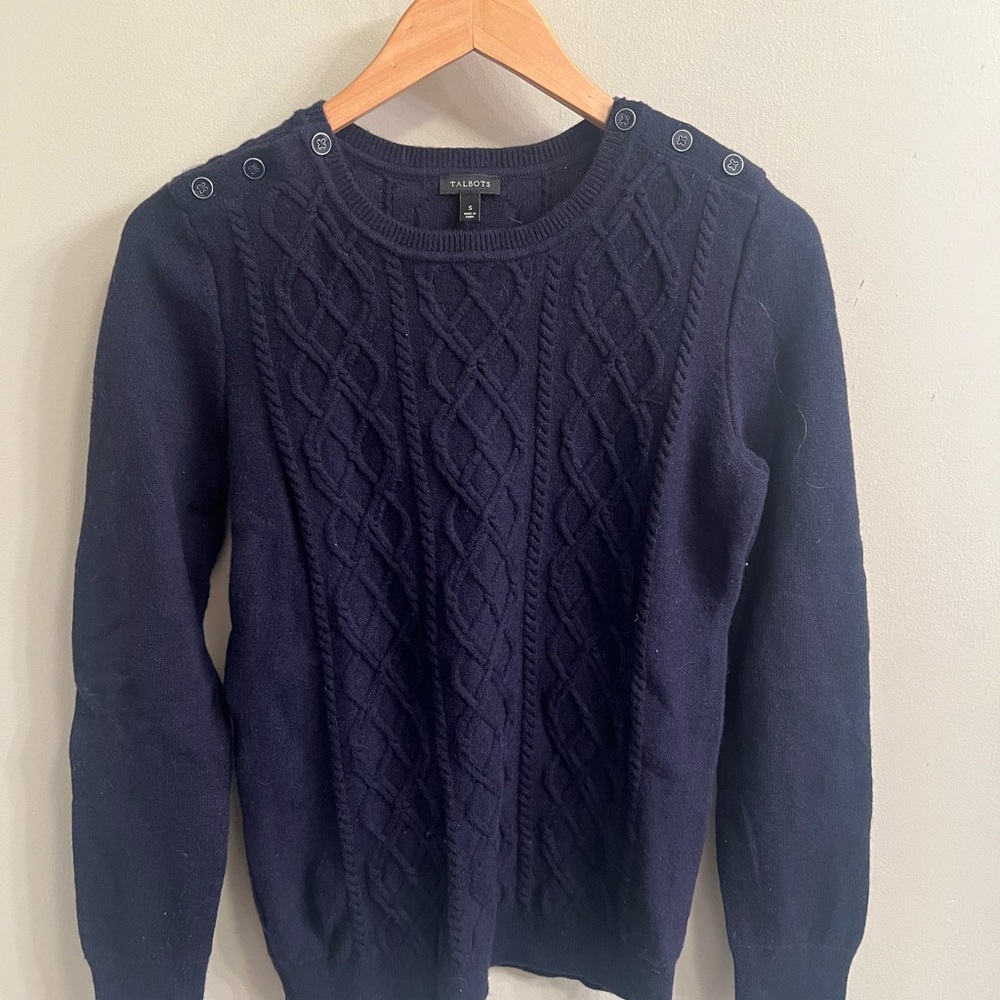 Talbots Blue Crew Neck Sweater with Cable Knit Design